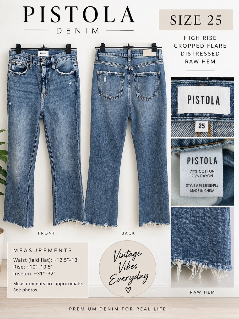 Pistola High Rise Cropped Flare Jeans Distressed Raw Hem Size 25 👖